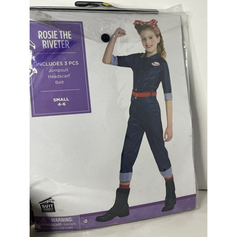 Halloween Costume Rosie The Riveter Girls Small 4-6 Jumpsuit Headscarf Belt New